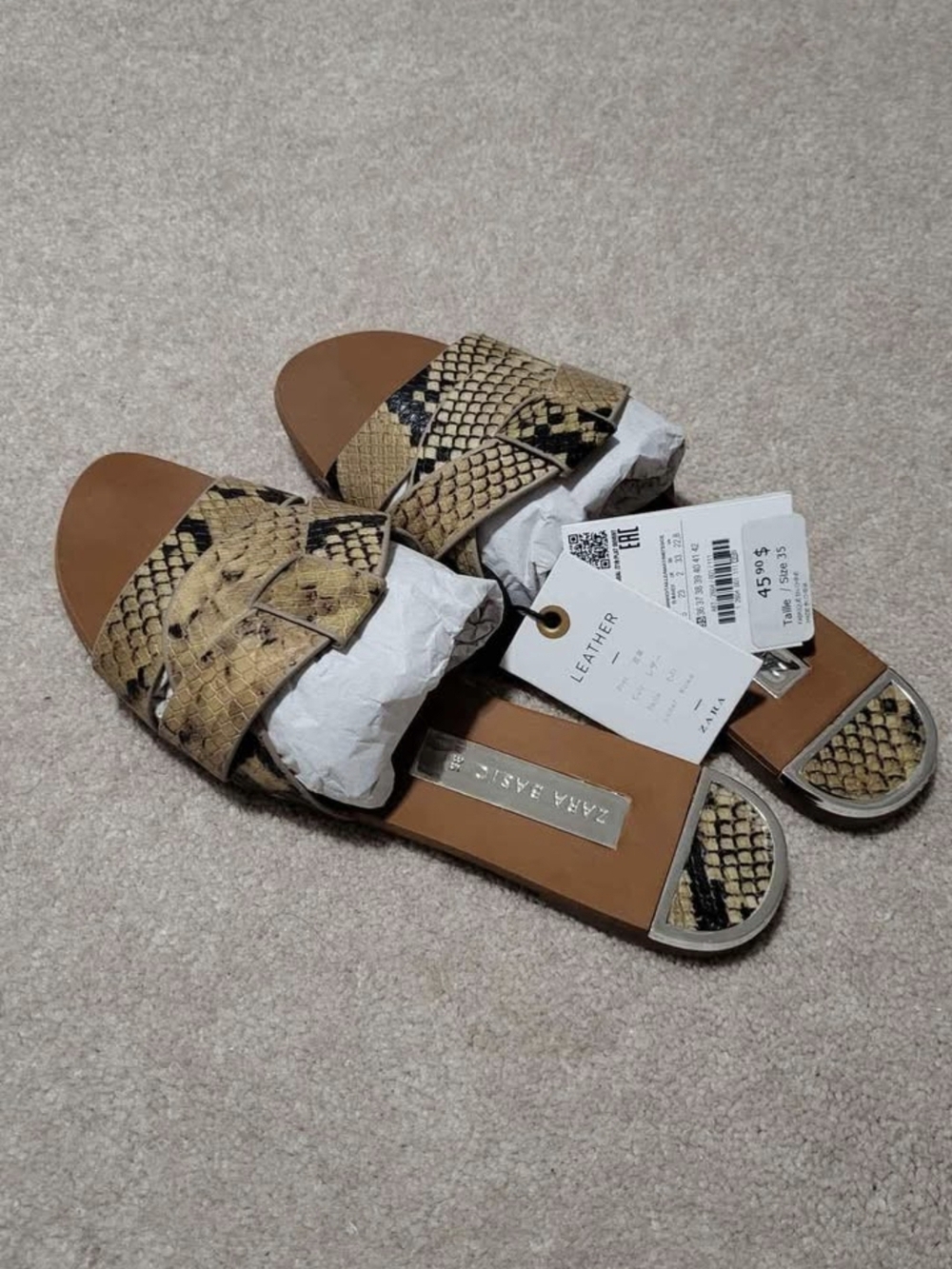 Zara Snake-Print Slide Sandals in Tan and Black